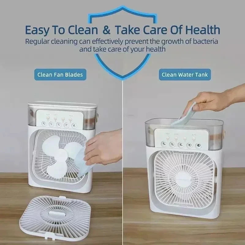 Refroidisseur d'Air 3-en-1 — Ventilateur, Humidificateur & Veilleuse LED