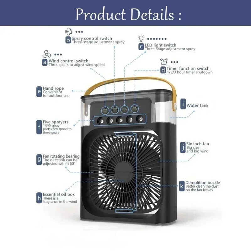Refroidisseur d'Air 3-en-1 — Ventilateur, Humidificateur & Veilleuse LED